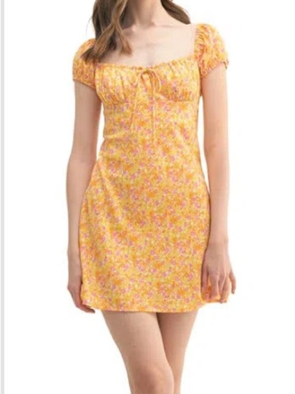 Lush Floral Puff Sleeve Mini Dress Size S | Cream Yellow Pink | VGUC